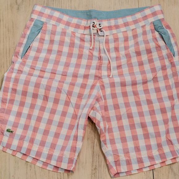 Lacoste Pink & Light Blue Checkered Swim Shorts - Picture 1 of 3